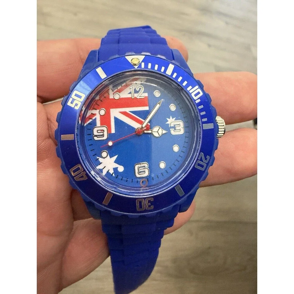 NOS Blue Australia Flag Quartz Watch Rotating Bezel Fresh Battery Unisex
